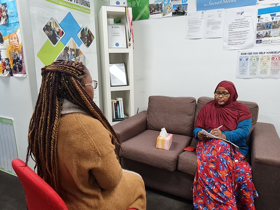 A confidential one-on-one family violence support session with an SWDA case worker
